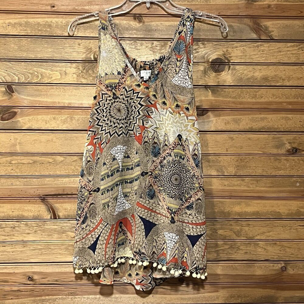 Umgee Women’s Feather Pattern Sheer Swing Tank Pompom Fringe Sz Small Bohemian